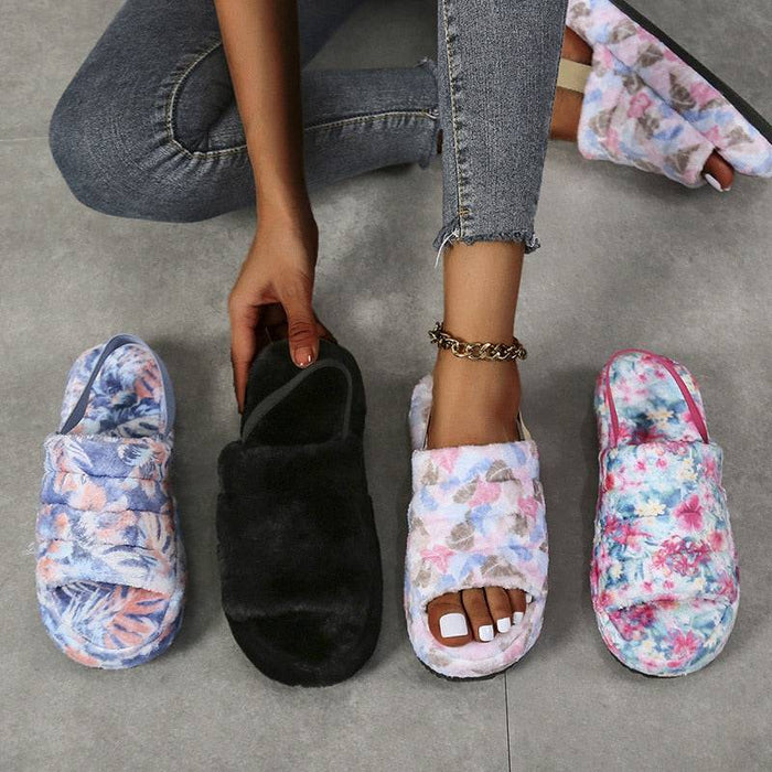 Black Women Heel Slides Elastic Cloth Thick Sole Hair Slippers