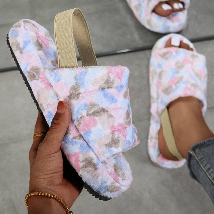 Black Women Heel Slides Elastic Cloth Thick Sole Hair Slippers