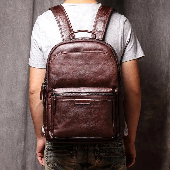 Genuine Leather Men Backpack 14 Inch Laptop Backpack Travel School Backpack Male Fashion Backpack Brown Cowhide Backpack - Lacatang Shop