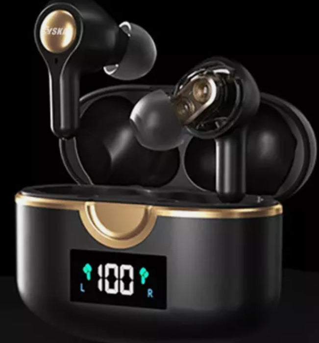 Close-up of Yellow Pandora Ninja Dragon Power Bass Touch Bluetooth 5.0 T22PRO Earbuds in black with a gold accent, resting in an open charging case. The front display shows "100" at the center, indicating the battery level, with "L" and "R" to denote the left and right earbud charging status. The background is black.