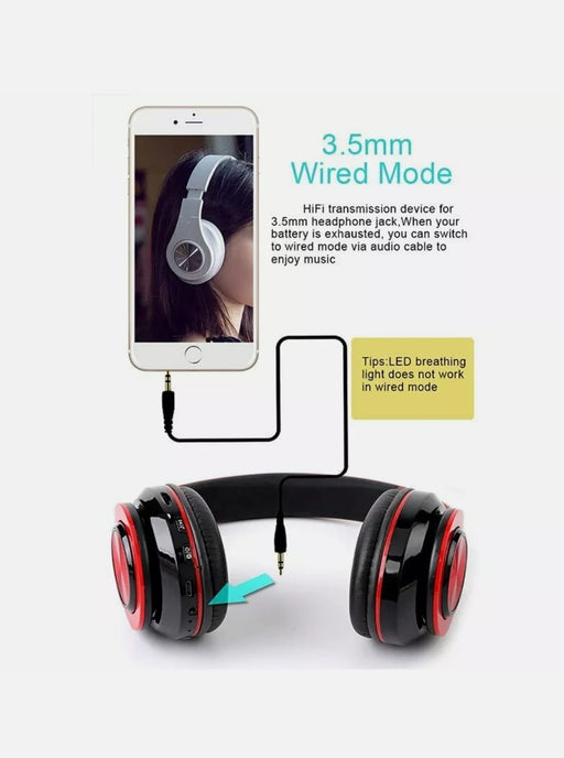 Image of a pair of Yellow Pandora Ninja Dragon Z10 Color Changing Bluetooth Headphones in black and red, connected via a 3.5mm audio cable to a smartphone. The image mentions "3.5mm Wired Mode" and states that the LED breathing light is non-functional in wired mode. An illustration displays the connection process for these HiFi Stereo Bluetooth Headphones with Bluetooth 5.0 capability.