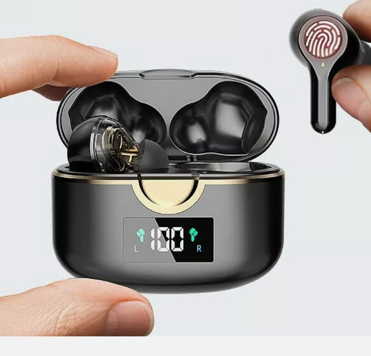 Close-up of a Ninja Dragon Power Bass Touch Bluetooth 5.0 T22PRO Earbud case from Yellow Pandora in black, with the earbuds inside and a digital display showing "100." The open case reveals a hand holding one of the Bluetooth earbuds, showcasing the fingerprint sensor on its surface. These true wireless earbuds promise superior sound quality. The background is plain light gray.