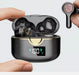 Close-up of a Ninja Dragon Power Bass Touch Bluetooth 5.0 T22PRO Earbud case from Yellow Pandora in black, with the earbuds inside and a digital display showing "100." The open case reveals a hand holding one of the Bluetooth earbuds, showcasing the fingerprint sensor on its surface. These true wireless earbuds promise superior sound quality. The background is plain light gray.