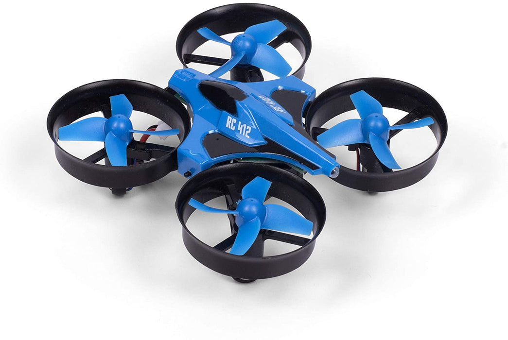 Introducing the Remote Control Mini Quadcopter by Ivory Coeus, a small blue drone designed for ease of use. It features four black propeller guards and blue propellers. The streamlined body proudly displays "RC 412" printed in white on the top. Equipped with LED lights, this quadcopter promises a versatile flying experience suitable for both beginners and advanced users.