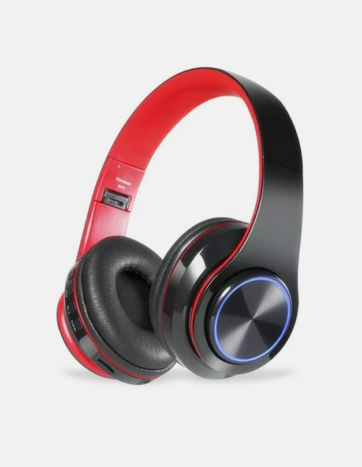 Introducing the Ninja Dragon Z10 Color Changing Bluetooth Headphones by Yellow Pandora: a sleek pair of black over-ear wireless headphones featuring red padding on the inside of the headband and ear cups. The outer part of the ear cups boasts a shiny black finish with blue accents around the edges and offers a foldable design for convenient storage.