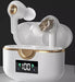 A pair of Ninja Dragon Power Bass Touch Bluetooth 5.0 T22PRO Earbuds in white with gold accents are shown positioned in their white charging case, which features a digital display showing the number 100 and indicators for left (L) and right (R) earbuds. The product is by Yellow Pandora.