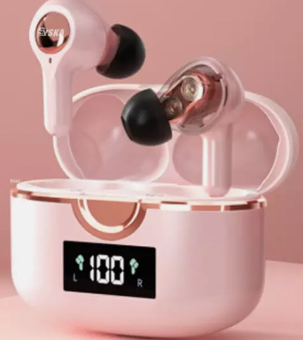 The Yellow Pandora Ninja Dragon Power Bass Touch Bluetooth 5.0 T22PRO Earbuds, showcased in a sleek open charging case with a digital LED screen indicating the battery life at "100%" along with "L" and "R" indicators, feature pink true wireless earbuds with black tips. The background complements the superior sound quality of these pink earbuds and their matching case.

