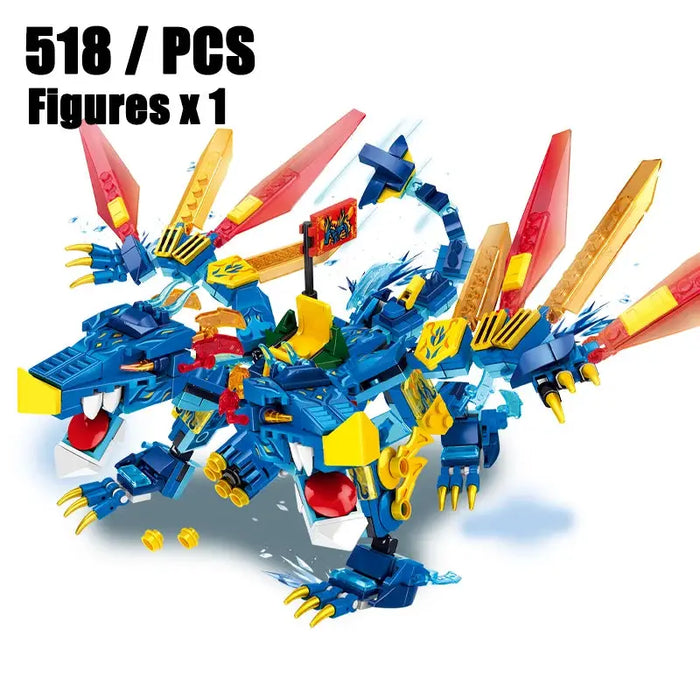 The New Phantom Ninja Dragon Ship model by Lacatang Shop is a set of toy building blocks that transforms into a colorful dragon featuring blue and yellow pieces, red spiky wings, and an open mouth. Constructed from durable ABS material, assembling it is an engaging experience. The package displays "518 / PCS Figures x 1" at the top left.