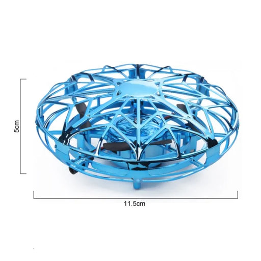 The Lacatang Shop Quadcopter Drone is a small, metallic blue mini helicopter with a circular design and a protective cage surrounding the propellers. Measuring 11.5 cm in diameter and 5 cm in height, it features vibrant lighting effects that add flair during flight.