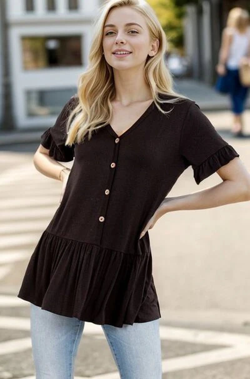 Heimish Full Size Ruffled V - Neck Short Sleeve Blouse plus Size - Lacatang Shop