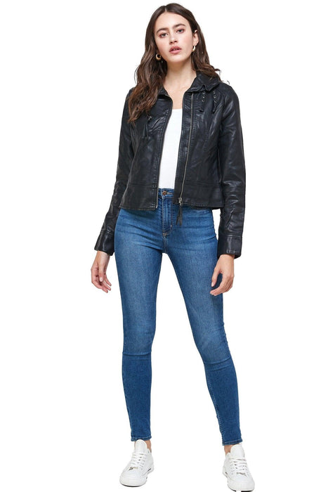 Double Buckle High Neck Vegan Leather Biker Jacket Double Buckle High Neck Vegan Leather Biker Jacket for Women Women's Clothing Indigo Arrowwood Lacatang Shop 