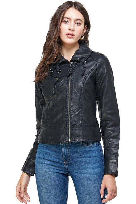 Double Buckle High Neck Vegan Leather Biker Jacket