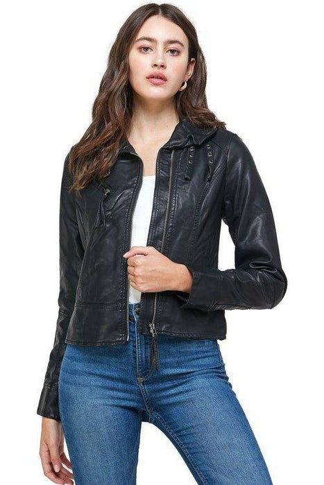 Double Buckle High Neck Vegan Leather Biker Jacket Double Buckle High Neck Vegan Leather Biker Jacket for Women Women's Clothing Indigo Arrowwood Lacatang Shop 