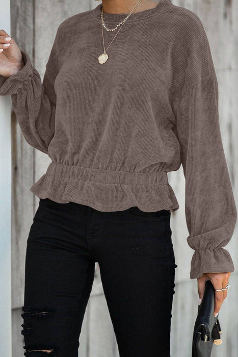 Khaki Corduroy Ruffle Frilled Long Sleeve Top