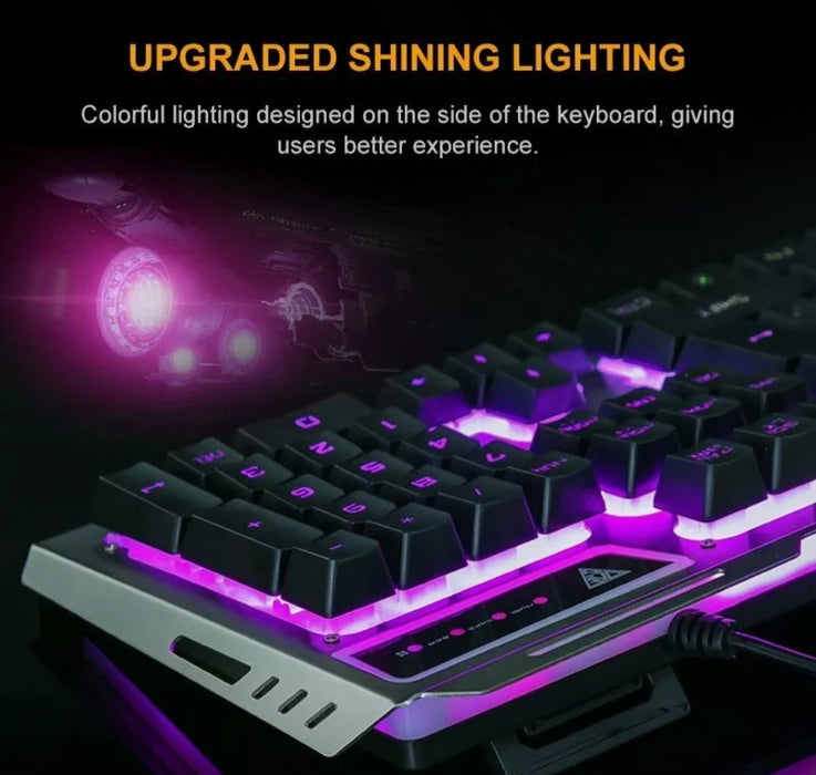 The Ninja Dragon Metallic Silver Mechanical Gaming Keyboard and Mouse Set from Yellow Pandora features colorful purple LED lights on the sides and under the keys. This USB-wired set includes seven color breathing light effects, showcasing "UPGRADED SHINING LIGHTING" and "Colorful lighting designed on the side of the keyboard, giving users a better experience.