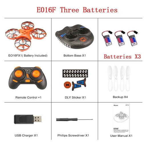 The Lacatang Shop RC Drone Quadcopter package includes a propeller guard with battery, bottom base, three batteries, remote control, DIY stickers, four backup propellers, USB charger, Phillips screwdriver, user manual and a high-definition camera for stunning aerial photography.