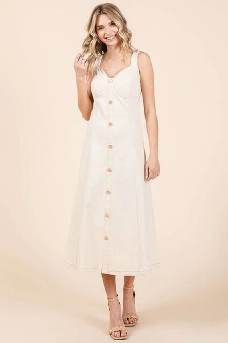 Mittoshop Stretch Twill Decor Button Sleeveless Midi Dress - Lacatang Shop