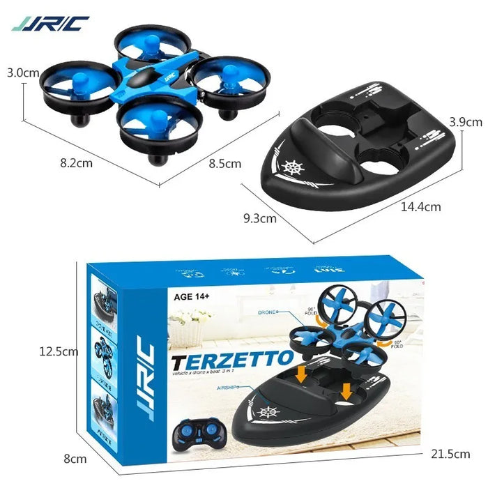 Image of a Lacatang Shop Mini Quadcopter Boat toy set for ages 14+. It includes a mini quadcopter boat (8.2 cm x 8.5 cm) and a boat (9.3 cm x 14.4 cm). The packaging box (21.5 cm x 12.5 cm x 8 cm) displays the devices and a blue remote control; some dimensions