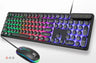 The Ninja Dragons Z9i USB Wired Light Up Gaming Keyboard and Mouse Set by Yellow Pandora includes a black mechanical gaming keyboard with round keys, a numeric keypad, multicolor RGB backlighting, and an ergonomic design. The keyboard features several function keys and a built-in wrist rest. Paired with it is a matching wired mouse that comes with a multicolor light strip and DPI adjustment.