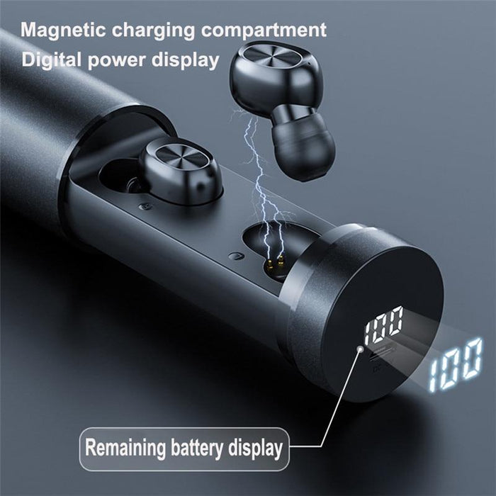 A close-up image of black Ninja Dragons T8 True Wireless Bluetooth 5.0 Earbuds from Yellow Pandora being placed into a cylindrical magnetic charging case featuring a digital power display that reads "100". The text "Magnetic charging compartment" and "Digital power display" is visible.