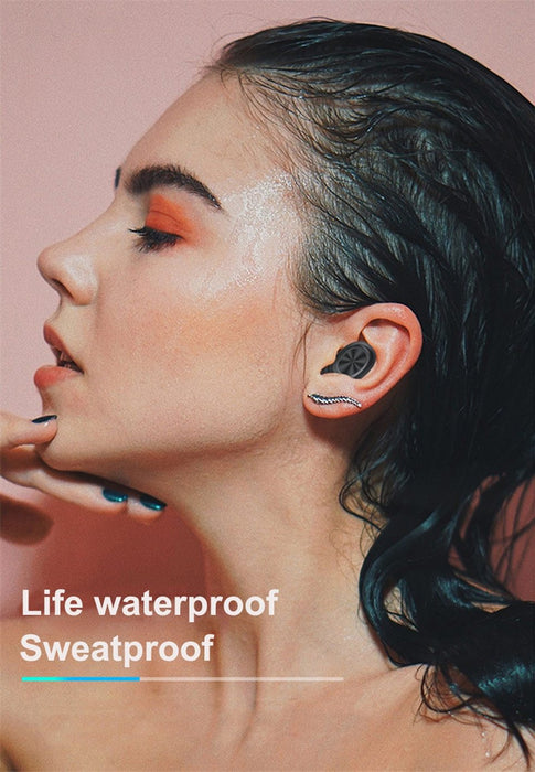 A woman with wet hair is shown in profile, wearing Yellow Pandora's Ninja Dragons T8 True Wireless Bluetooth 5.0 Earbuds. Her eyes are closed and she is resting her hand on her chin. Text on the image reads "Life waterproof. Sweatproof." Experience the immersive 8D surround sound for unmatched audio quality.