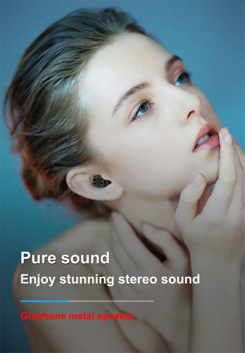 A young woman with fair skin and light-colored hair looks thoughtfully into the distance. She is wearing a Ninja Dragons T8 True Wireless Bluetooth 5.0 Earbud by Yellow Pandora. Text on the image reads: "Pure sound - Enjoy stunning 8D surround sound. Graphene metal speaker." The background is a blurred blue gradient.