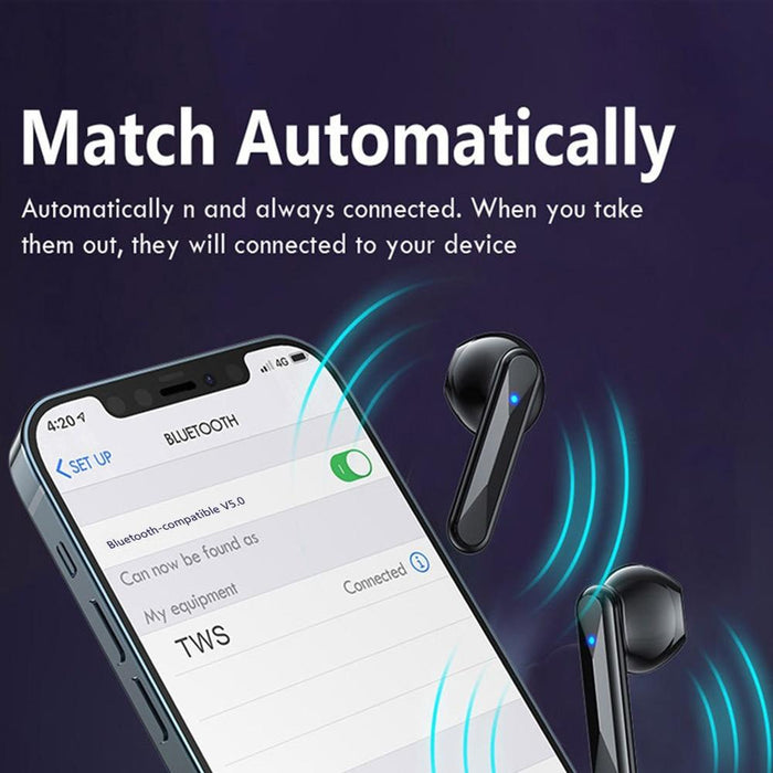 An image displays a smartphone screen during an active Bluetooth connection setup for wireless earbuds labeled "TWS." Two black Ninja Dragons BT-MBOX True Wireless Earbuds from Yellow Pandora emit blue connection signals. Text at the top reads, "Match Automatically," stressing the Noise Reduction Technology for a seamless experience.