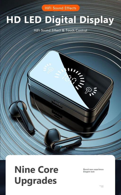 An advertisement showcases the Ninja Dragons BT-MBOX True Wireless Earbuds by Yellow Pandora, highlighting their sleek black design and charging case with an HD LED digital display. The text emphasizes features like "HiFi Sound Effects," "Touch Control," "Nine Core Upgrades," and "CVC8.0 Noise Reduction" technology, all set against a stylish circular pattern background.