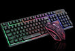 The Ninja Dragons Z4 104 Keys LED Flame Gaming Keyboard with 2000 DPI by Yellow Pandora is showcased. This gaming keyboard boasts a full layout with a variety of colorful LED backlight patterns, while the mouse features an eye-catching patterned design and illuminated accents, all set on a sleek black background.