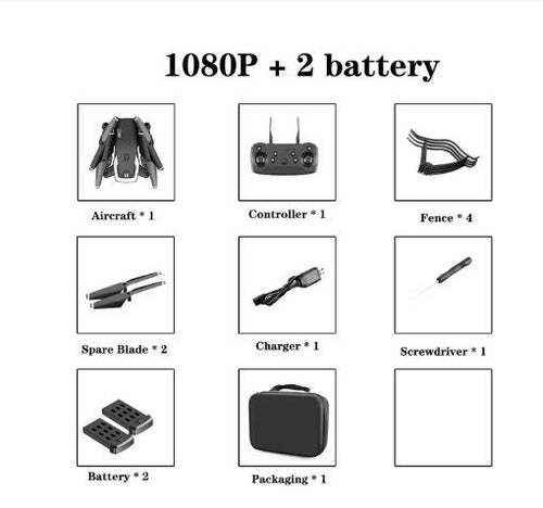 An image capturing the Blue Charlie 2021 NEW Drone 4k Professional HD Wide Angle Camera 1080P WiFi FPV Drone kit contents, which include: an aircraft, controller, four fence pieces, two spare blades, a charger, screwdriver, two batteries, and a packaging box. The text "1080P + 2 battery" is prominently displayed at the top.