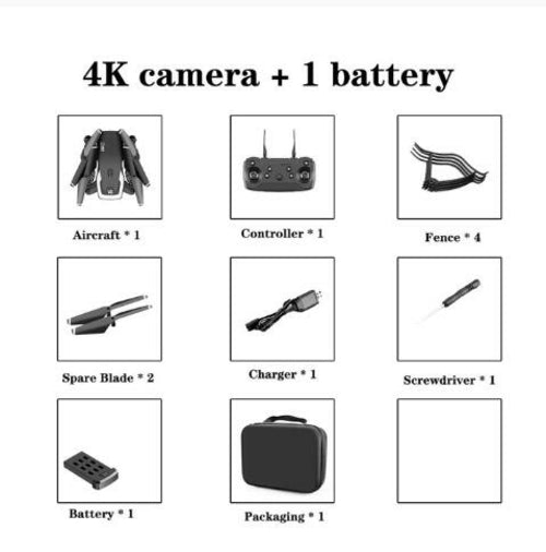 An image displays the components of the 2021 NEW Drone 4k profession HD Wide Angle Camera 1080P WiFi fpv Drone package by Blue Charlie: 1 aircraft, 1 wireless remote control, 4 fences, 2 spare blades, 1 charger, 1 screwdriver, 1 battery, and packaging. Each item is illustrated with a simple black-and-white drawing and labeled accordingly.