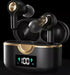 A pair of Yellow Pandora Ninja Dragon Power Bass Touch Bluetooth 5.0 T22PRO Earbuds, elegantly designed in black with gold accents, sits atop an open charging case featuring a digital display indicating a full 100% battery level. One earbud rests neatly inside the case while the other lays just above it, promising superior sound quality against a sleek black background.