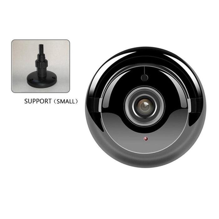 A black, spherical wifi camera with a single lens from Teal Simba is displayed. A small inset image to the left shows the camera mount labeled "SUPPORT (SMALL)." This advanced product, named Wifi Camera with Stand & Memory Card, features night vision and motion detection capabilities.