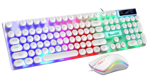 The Ninja Dragons Z9i USB Wired Light Up Gaming Keyboard and Mouse Set by Yellow Pandora features a white mechanical gaming keyboard with circular keys, multi-colored backlighting, and is paired with a white ergonomic gaming mouse illuminated by rainbow lights. The white background accentuates the vibrant lighting of these peripherals.