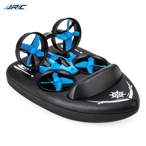 An image of a black and blue Mini Quadcopter Boat by Lacatang Shop. This versatile device features two large blue propellers on the sides and two smaller ones in the center. It has a sleek design with white detailing on the front and sides, perfect for aerial and aquatic adventures.